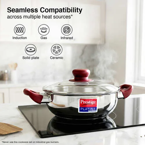 Prestige Platina Popular Stainless Steel Unique Impact Forged Bottom Kadai with Toughened Glass Lid, 20cm (1.5 L) (Silver) - Alternate View